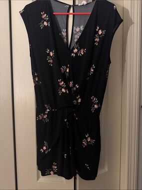 BCBGeneration Black Floral V-Neck Romper with Pink Accents